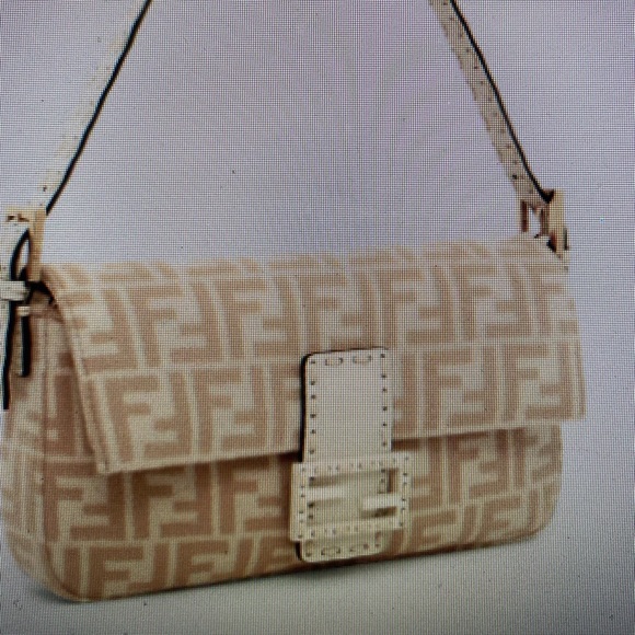 Fendi 1997 FF motif wool/ leather baguette in Beige/Camel; 11”x6.5”x2” NWT $2995 - Picture 1 of 12